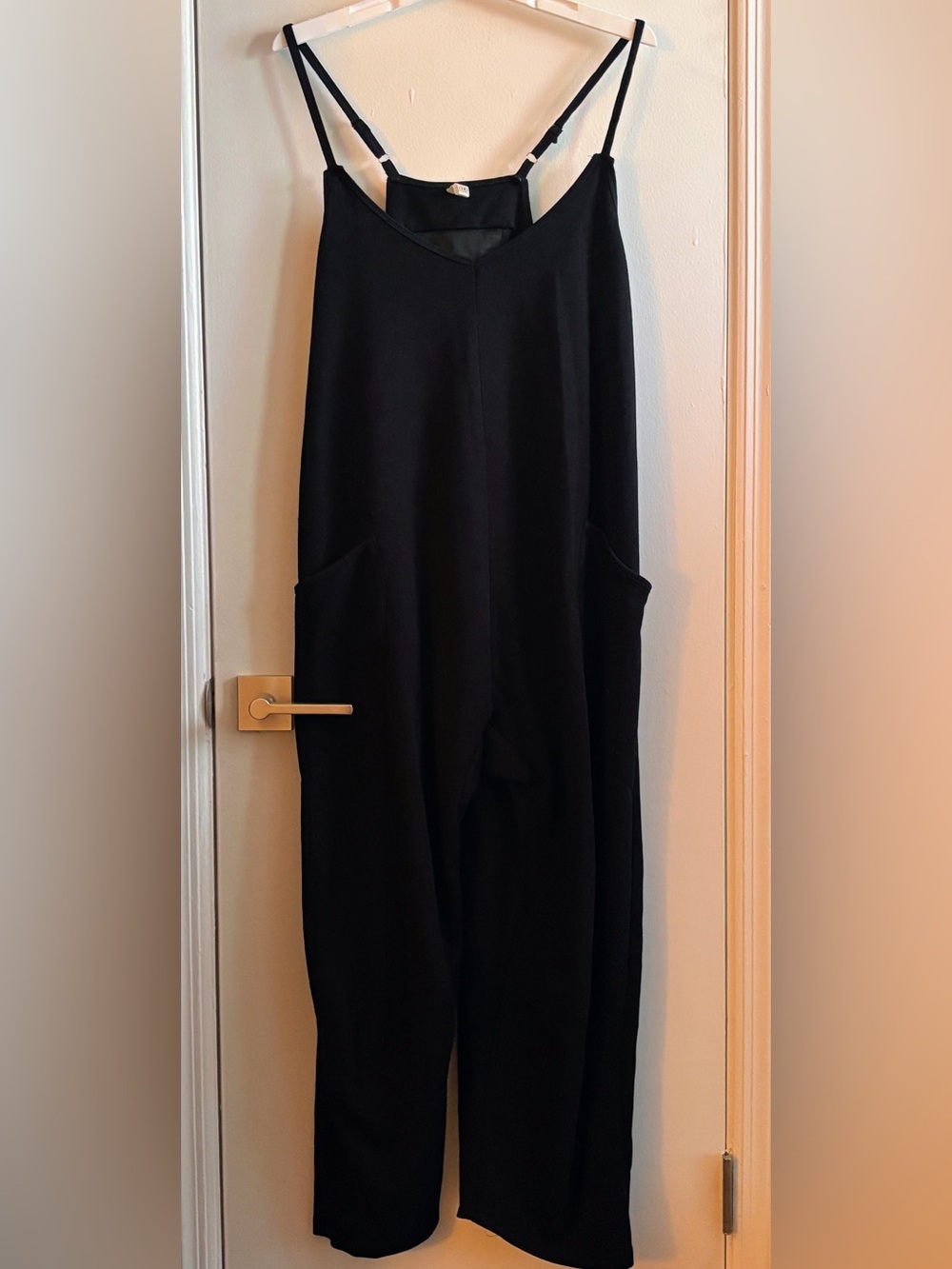 Women's Black V-Neck Strap Jumpsuit with Side Pockets